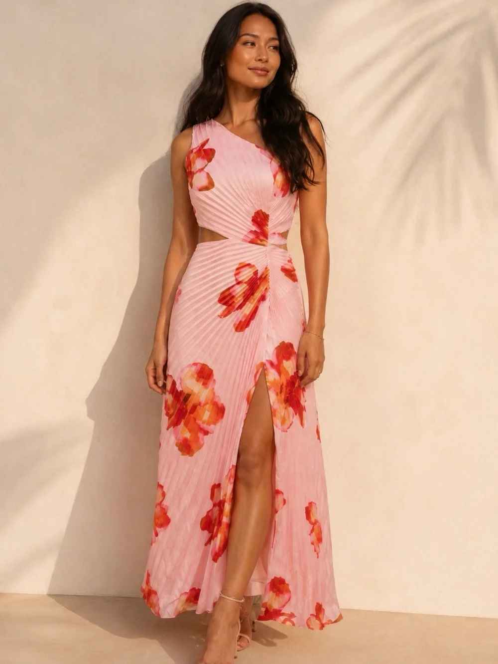 Abercrombie and Fitch Pink Floral One-Shoulder Cutout Maxi Dress
